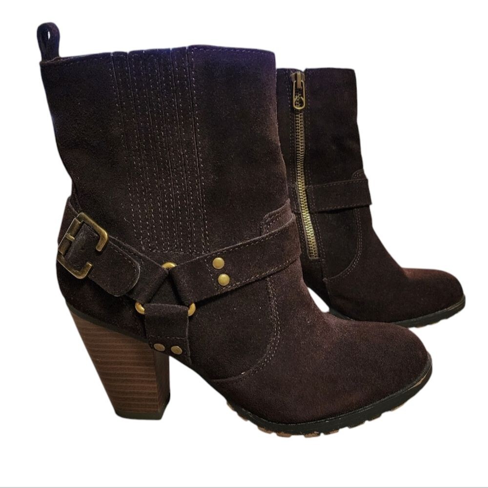 Eddie Bauer Ankle Boot Women 7.5 M Brown Suede Side Zip Buckle Harness Madison